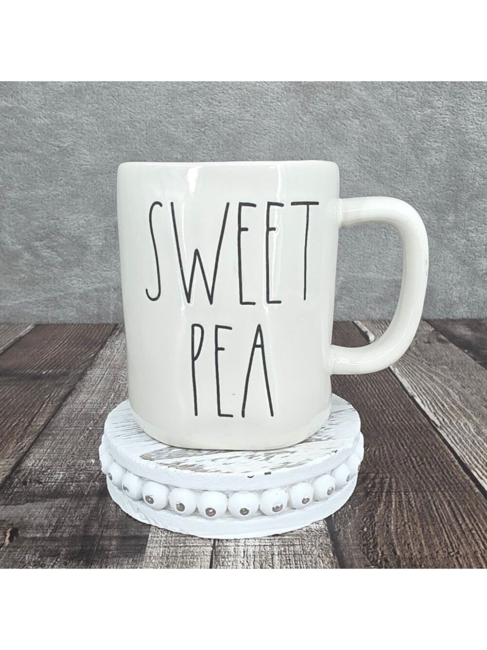 Rae Dunn LL Coffee Mug SWEET PEA Cream Black Farmhouse Rustic Cottagecore Boho